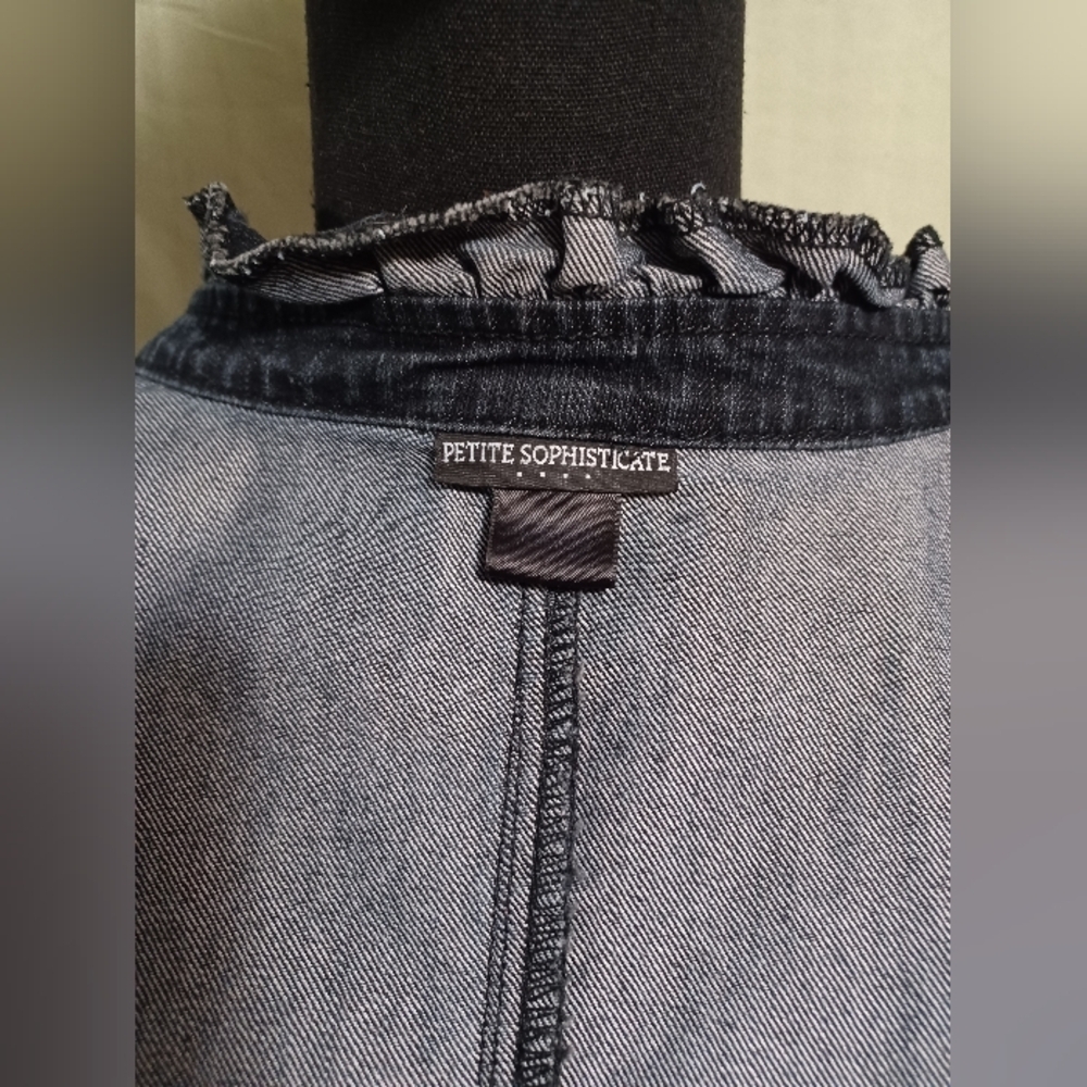 Petite Sophisticate Blue Denim Ruffle-Trim Jean Jacket Velvet Detail Design - Picture 13 of 14